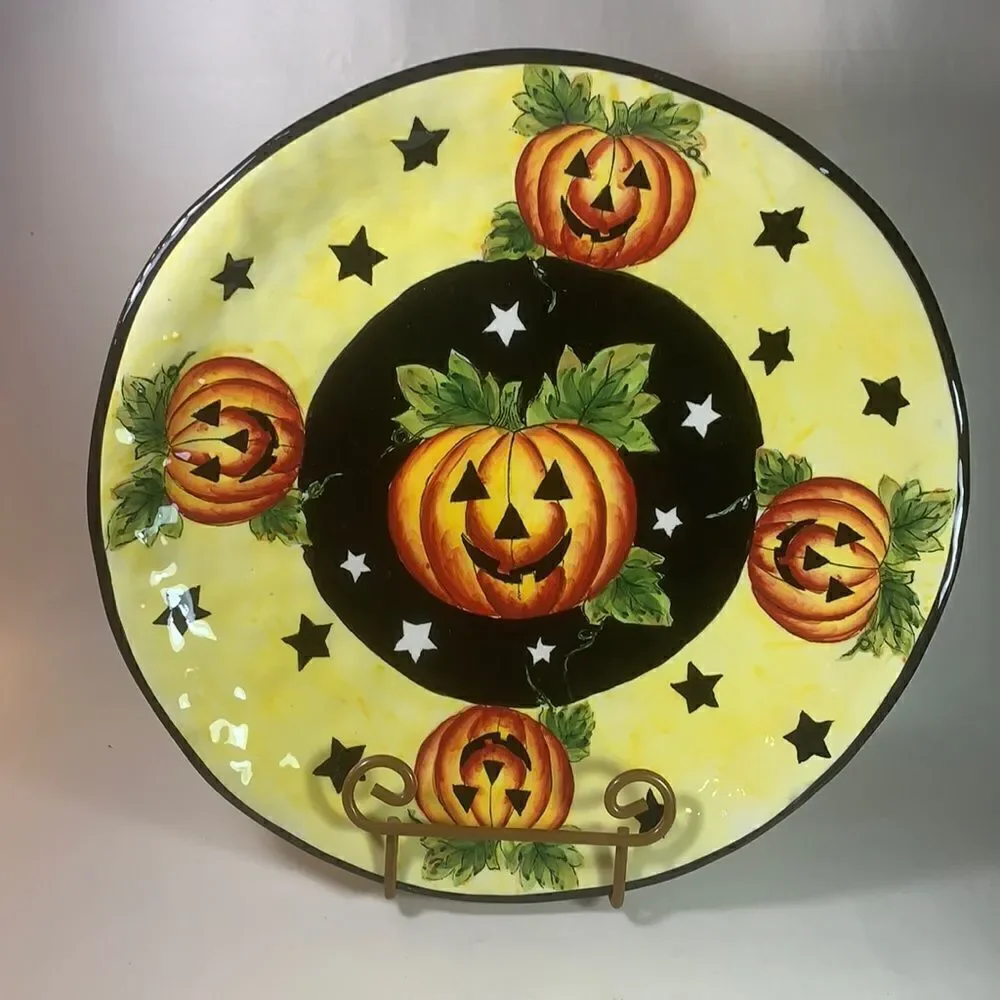 Halloween Yellow Black Serving Bowl Platter 13 1/2 Home Holiday Decorations